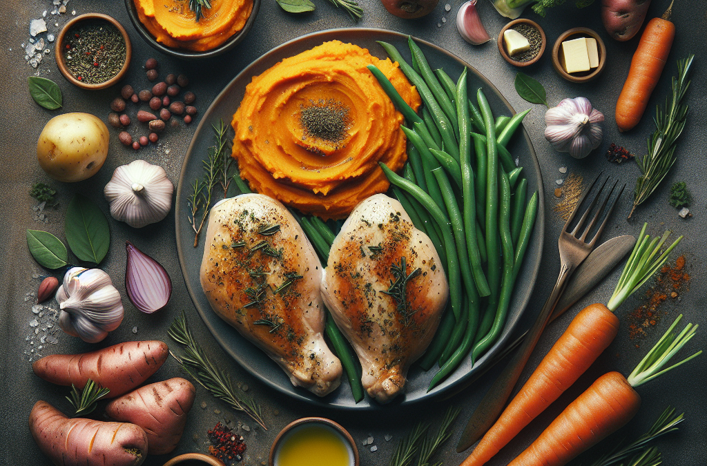 Suprême de Poulet aux Herbes, Purée de Patate Douce et Légumes Sautés