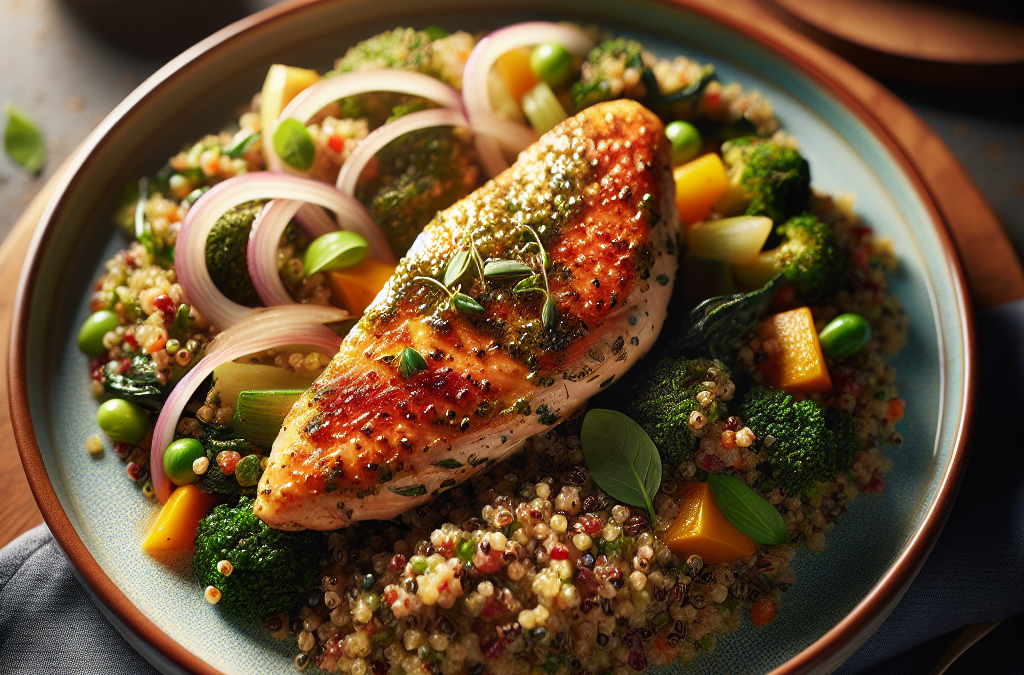 Escalopes de poulet aux herbes et quinoa aux légumes de printemps