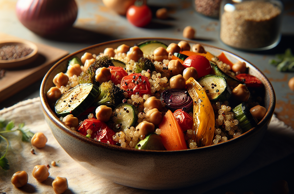 Salade tiède de quinoa, légumes rôtis et pois chiches